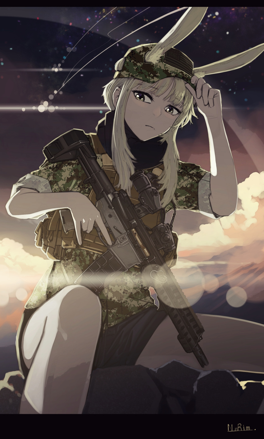 absurdres adjusting_clothes adjusting_hat aimpoint american_flag animal_ear_fluff animal_ears ar-15 bunny_ears camouflage gun hat highres load_bearing_vest long_hair looking_at_viewer magazine_(weapon) military military_hat military_uniform nurim original p416 rifle short_hair_with_long_locks signature sitting trigger_discipline uniform weapon