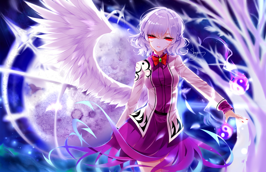 artist_name aura bow bowtie braid breasts brooch cowboy_shot dress feathered_wings french_braid head_tilt highres jewelry kishin_sagume long_sleeves looking_at_viewer medium_breasts moon nail_polish parted_lips purple_dress red_bow red_eyes red_nails red_neckwear sheya short_hair signature silver_hair single_wing smile solo standing thighs touhou white_wings wing_collar wings yin_yang