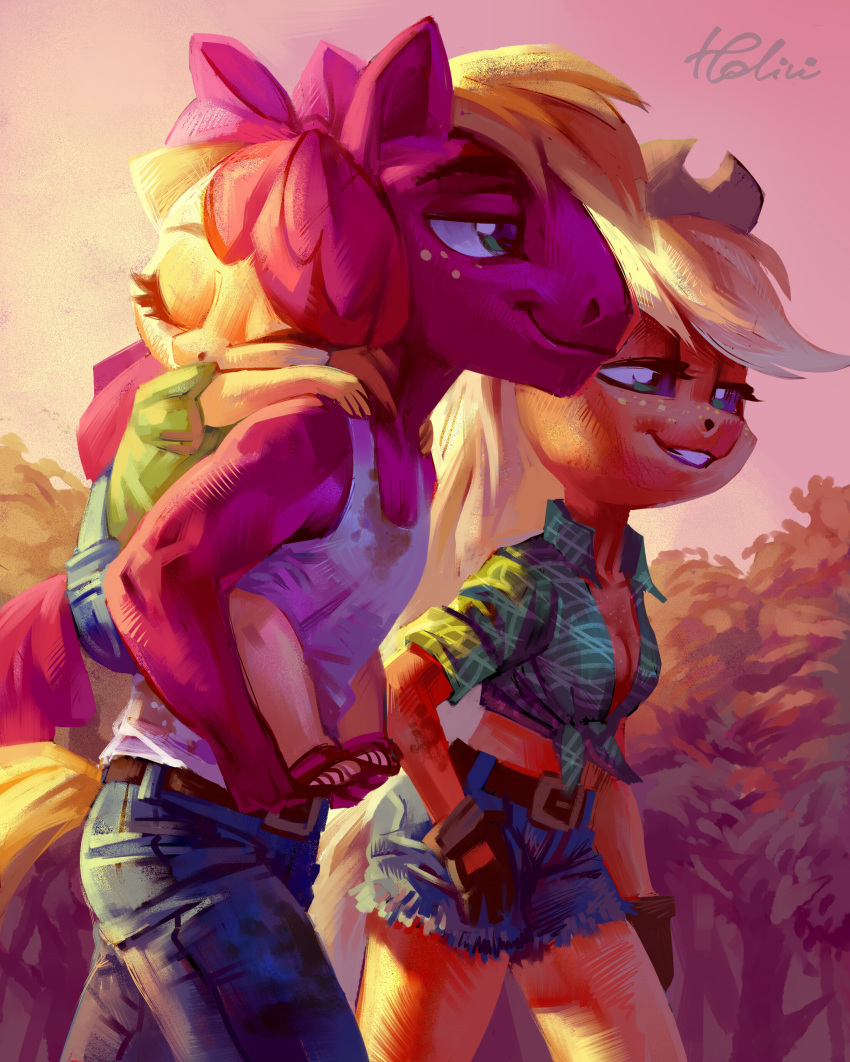 2018 absurd_res anthro apple_bloom_(mlp) applejack_(mlp) big_macintosh_(mlp) brother brother_and_sister clothed clothing denim_shorts equine eyes_closed female friendship_is_magic group hair hair_bow hair_ribbon hi_res holivi jeans mammal my_little_pony outside pants ribbons shorts sibling sister sisters smile young