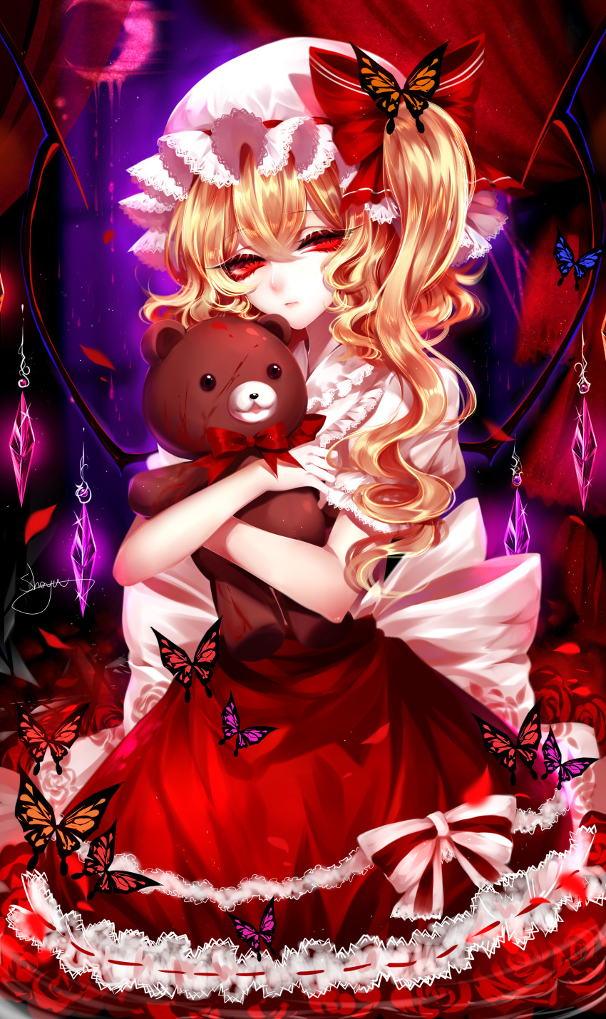 absurdres artist_name blonde_hair blood bow bowtie bug butterfly cowboy_shot crescent crystal curtains dress eyebrows_visible_through_hair flandre_scarlet flower frilled_dress frilled_shirt_collar frills hair_between_eyes hat hat_bow head_tilt highres holding holding_stuffed_animal insect mob_cap object_hug parted_lips petals puffy_short_sleeves puffy_sleeves red_bow red_dress red_eyes red_flower red_neckwear red_rose rose rose_petals sheya short_hair short_sleeves side_ponytail signature solo stuffed_animal stuffed_toy teddy_bear touhou white_hat wings