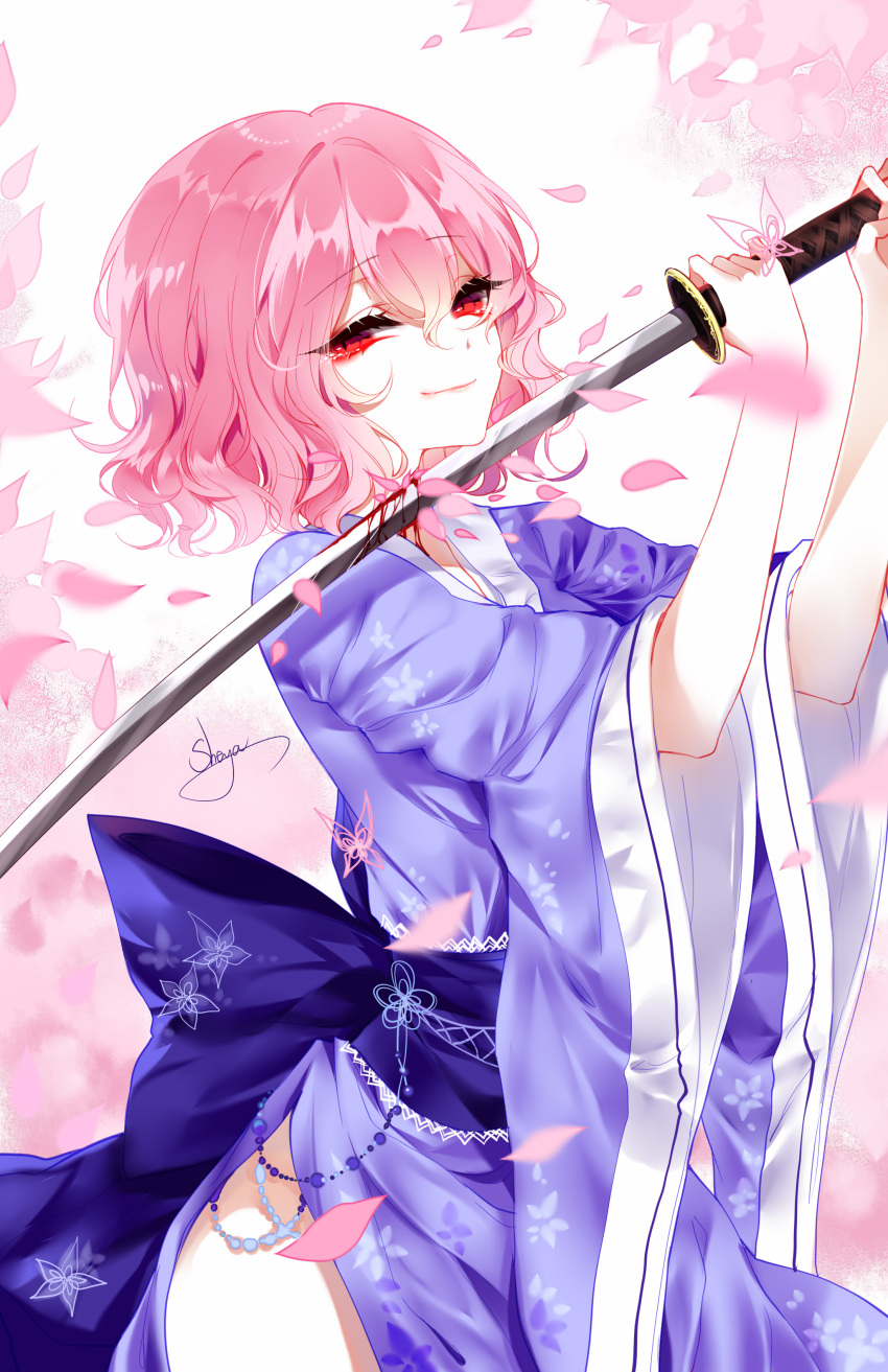 absurdres artist_name blood blue_kimono blue_sash blush bug butterfly cowboy_shot eyebrows_visible_through_hair hands_up highres holding holding_sword holding_weapon insect japanese_clothes katana kimono long_sleeves looking_at_viewer no_hat no_headwear petals pink_hair red_eyes saigyouji_yuyuko sash sheya short_hair side_slit signature smile solo standing sword touhou weapon white_background wide_sleeves