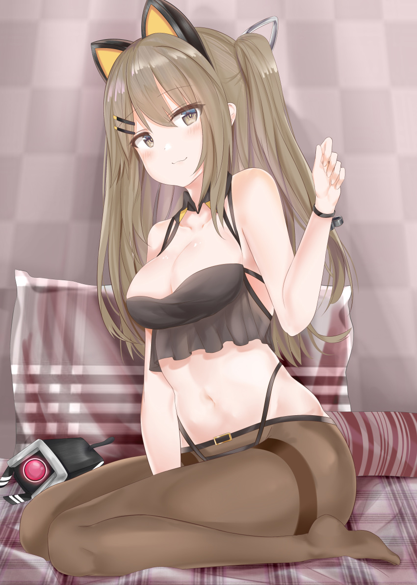 :3 absurdres animal_ears bangs bare_shoulders between_legs black_panties blanket blush breasts brown_eyes brown_hair brown_legwear cat_ears chinese_commentary cleavage closed_mouth collarbone commentary_request detached_collar dinergate_(girls_frontline) eyebrows_visible_through_hair fingerless_gloves girls_frontline gloves hair_between_eyes hair_ornament hairclip hand_between_legs hand_up headband highres indoors k-2_(girls_frontline) long_hair looking_at_viewer medium_breasts navel open_mouth panties pantyhose plaid_blanket ru_zhai sidelocks sitting skindentation smile solo stomach thighband_pantyhose underwear wariza wristband