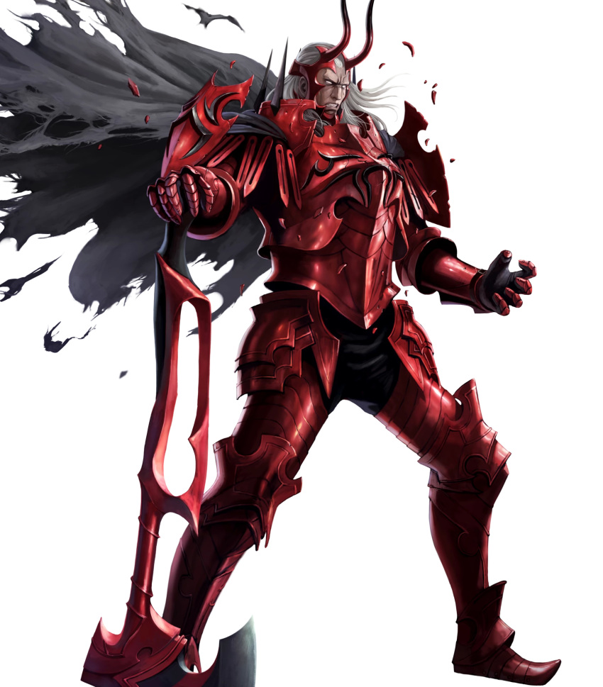 armor axe battle_axe black_cape black_pants cape clenched_teeth commentary damaged english_commentary fire_emblem fire_emblem:_kakusei fire_emblem_heroes full_armor full_body gauntlets greaves grey_hair helmet highres holding holding_axe holding_weapon horned_helmet ippei_soeda lips long_hair looking_at_viewer male_focus no_pupils nose official_art pants red_armor scowl serious shoulder_pads solo teeth torn_cape transparent_background valhalt weapon white_eyes