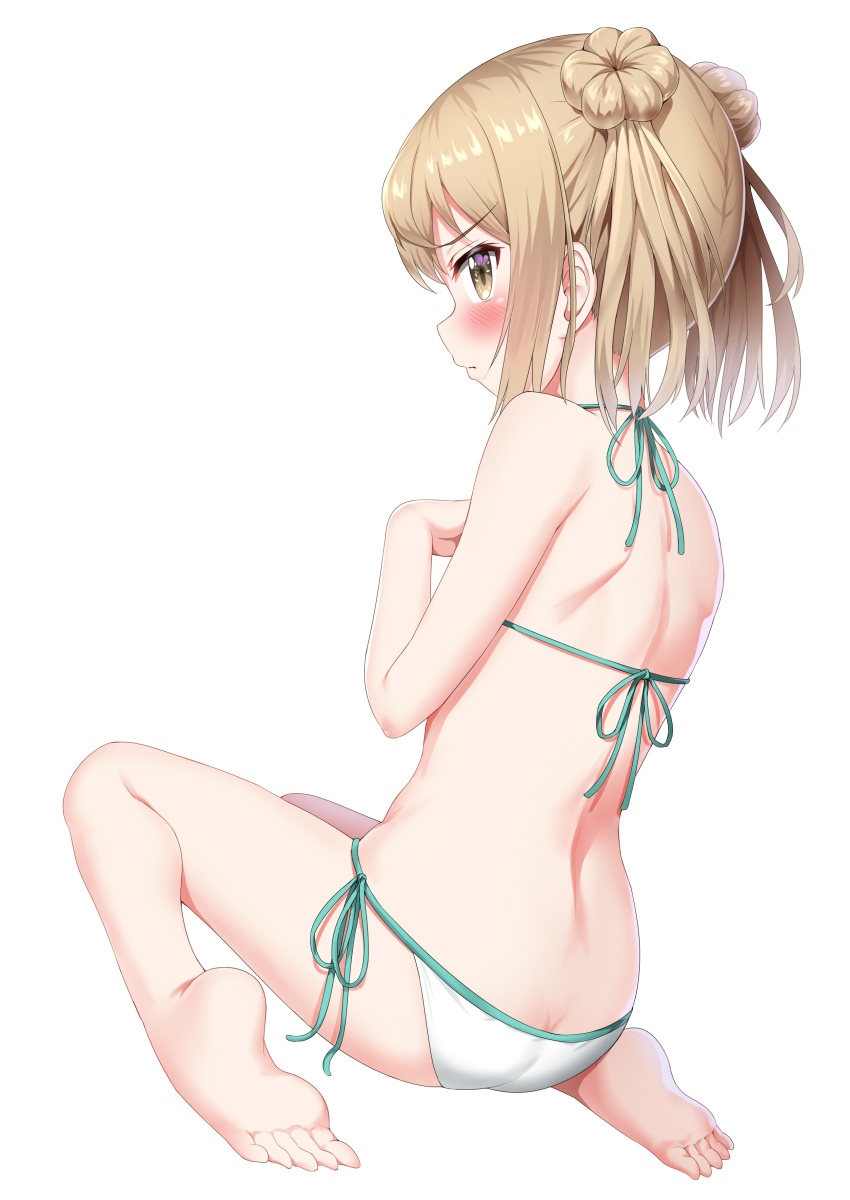 absurdres ass bare_arms bare_shoulders barefoot bikini blush double_bun embarrassed feet from_behind hand_on_own_chest highres kantai_collection light_brown_eyes light_brown_hair looking_at_viewer looking_back michishio_(kantai_collection) nedia_(nedia_region) short_twintails side-tie_bikini simple_background sitting soles solo swimsuit toes twintails wariza white_background white_bikini