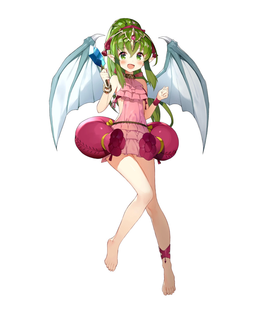 artist_request chiki fire_emblem fire_emblem:_monshou_no_nazo fire_emblem_heroes food full_body green_eyes green_hair highres long_hair long_legs looking_at_viewer mamkute official_art open_mouth pointy_ears ponytail popsicle solo swimsuit tiara transparent_background wings