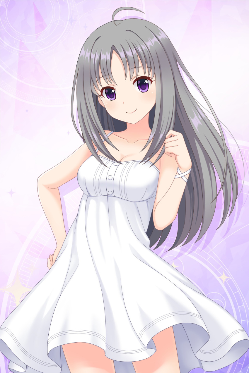 absurdres ahoge alternative_girls bangs bare_shoulders blush bracelet breasts buttons cowboy_shot dress grey_hair highres jewelry kira_sayuri lavender_background long_hair looking_at_viewer medium_breasts official_art parted_bangs purple_eyes simple_background smile standing white_dress