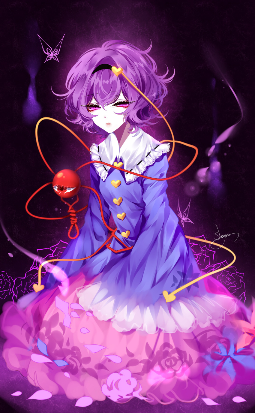 absurdres artist_name aura black_background black_hairband blue_shirt bug butterfly eyebrows_visible_through_hair flower frilled_shirt_collar frills hair_between_eyes hair_ornament hairband heart heart_hair_ornament highres insect komeiji_satori long_sleeves looking_at_viewer parted_lips petals pink_eyes pink_skirt purple_hair red_eyes rose sheya shirt short_hair signature skirt solo third_eye touhou wide_sleeves
