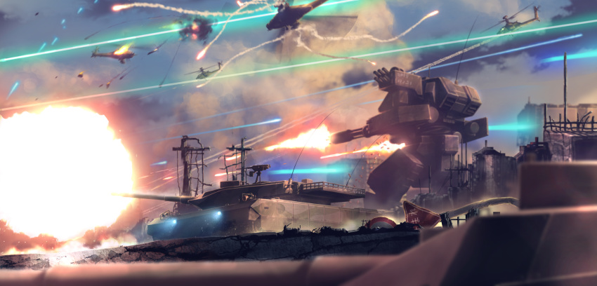 aircraft battle caterpillar_tracks cloud commentary_request day energy_beam epic evening fighting_stance ground_vehicle gun helicopter highres machine_gun mecha military military_vehicle motor_vehicle no_humans original rapama real_life realistic science_fiction sky tank weapon