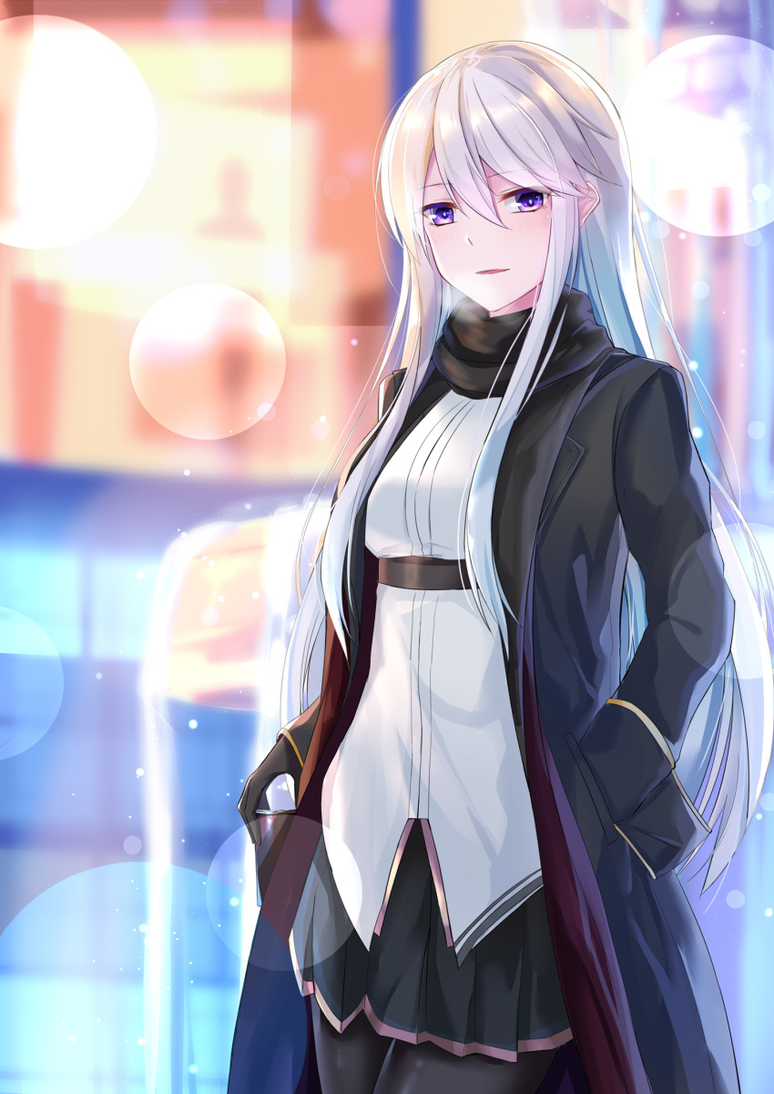 azur_lane bangs black_coat black_legwear black_neckwear black_scarf blurry blush bokeh breasts breathing chinese_commentary commentary_request cowboy_shot cup depth_of_field enterprise_(azur_lane) eternity_(pixiv8012826) eyebrows_visible_through_hair eyes_visible_through_hair framed_breasts hand_in_pocket highres holding holding_cup large_breasts light_particles lights long_hair looking_at_viewer miniskirt necktie night open_mouth outdoors pantyhose purple_eyes scarf shirt sidelocks silver_hair skirt sleeveless sleeveless_shirt smile solo very_long_hair walking