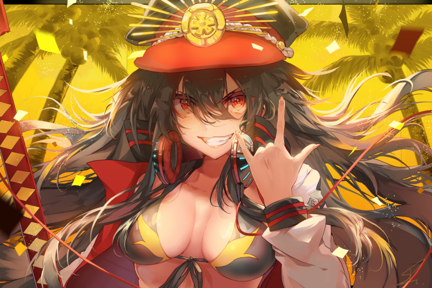 \m/ bangs bikini black_bikini black_hair black_hat breasts commentary_request eyebrows_visible_through_hair family_crest fate/grand_order fate_(series) fingernails front-tie_bikini front-tie_top grin hair_between_eyes hat highres jacket koha-ace long_hair long_sleeves looking_at_viewer medium_breasts nail_polish oda_nobunaga_(fate) oda_nobunaga_(swimsuit_berserker)_(fate) oda_uri open_clothes open_jacket palm_tree peaked_cap red_eyes red_nails saihate_(d3) signature smile solo swimsuit tree v-shaped_eyebrows very_long_hair white_jacket