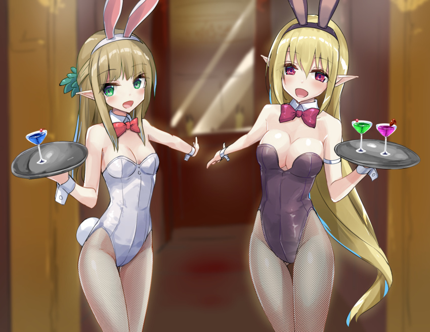 animal_ears ass_visible_through_thighs black_leotard blonde_hair breasts bunny_ears bunny_girl bunnysuit cowboy_shot cup drinking_glass elf fishnet_pantyhose fishnets green_eyes leotard medium_breasts multiple_girls open_mouth original outstretched_arms pantyhose pointy_ears red_eyes red_neckwear small_breasts smile standing strapless strapless_leotard tenrai thigh_gap tray white_leotard wine_glass
