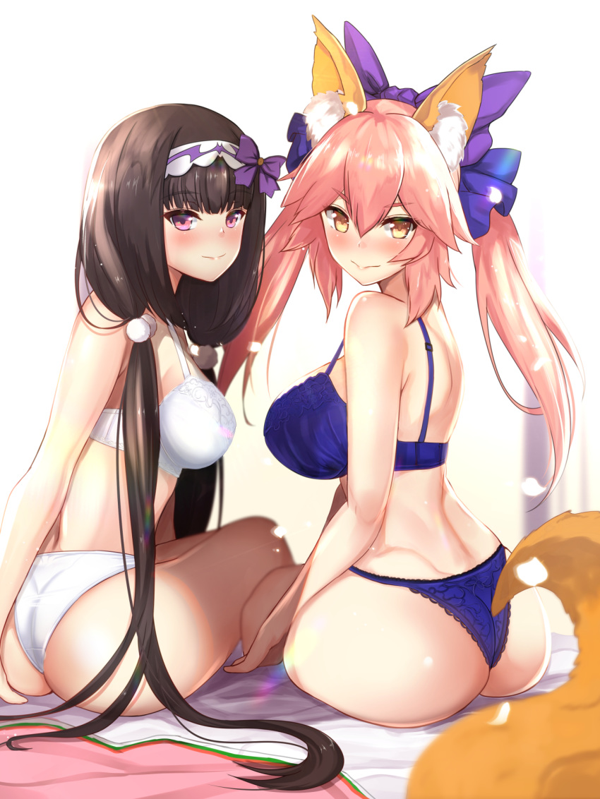 animal_ear_fluff animal_ears ass back bangs bare_shoulders black_ribbon blue_bra blue_panties blush bow bra breasts brown_hair closed_mouth commentary_request fate/extra fate/grand_order fate_(series) fox_ears fox_tail hair_between_eyes hair_bow hair_ribbon hairband highres large_breasts long_hair looking_at_viewer looking_back low_twintails multiple_girls osakabe-hime_(fate/grand_order) panties pink_hair purple_bow purple_eyes ribbon sidelocks simple_background sitting smile tail tamamo_(fate)_(all) tamamo_no_mae_(fate) thighs twintails underwear untsue very_long_hair white_background white_bra white_panties yellow_eyes