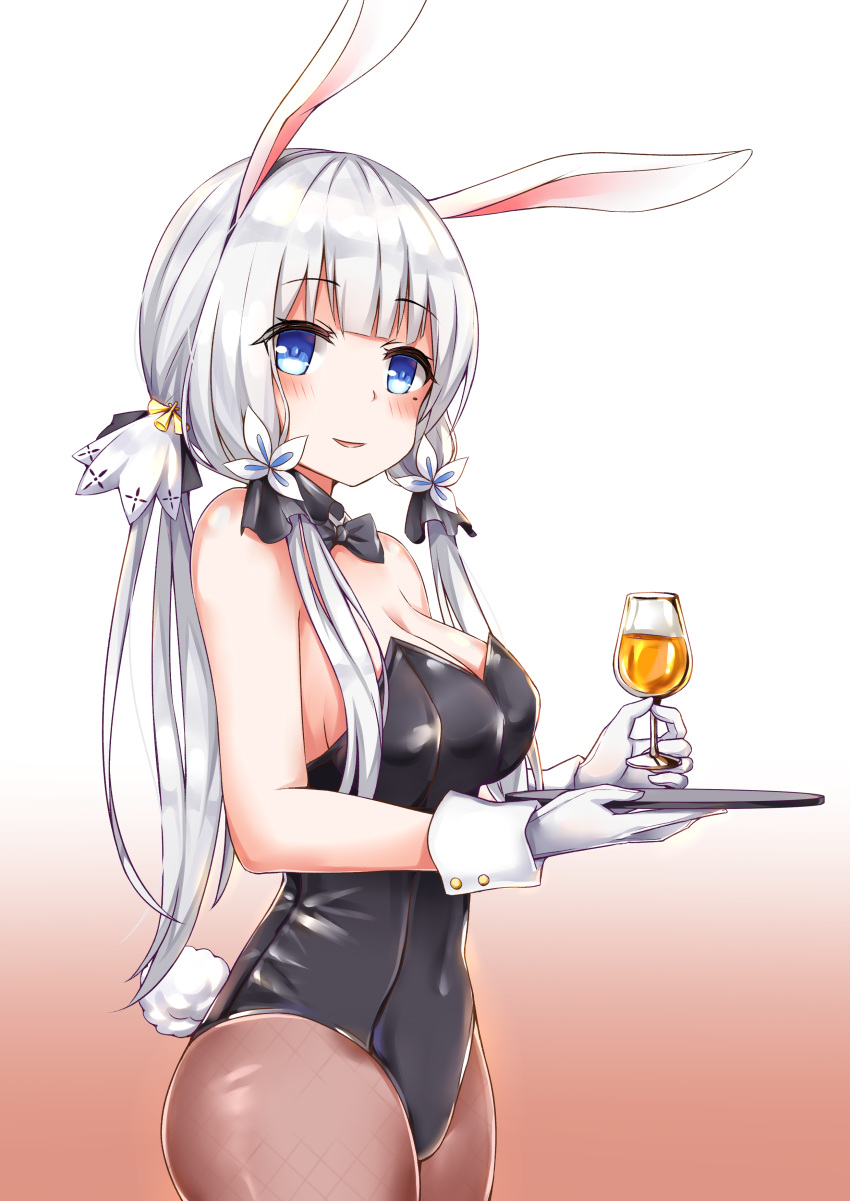 absurdres animal_ears azur_lane black_leotard black_neckwear blue_eyes bow bowtie breasts brown_legwear bunny_ears bunny_girl bunny_tail bunnysuit cleavage cowboy_shot cup detached_collar drinking_glass fake_animal_ears gloves gradient gradient_background highres illustrious_(azur_lane) leotard looking_at_viewer mole mole_under_eye pantyhose red_background smile solo strapless strapless_leotard tail tray tri_tails watchdog_rol_(y1104280730) white_background white_gloves white_hair wine_glass wrist_cuffs
