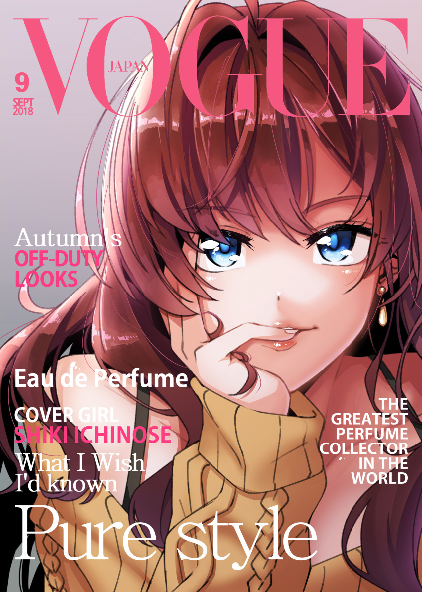 absurdres aran_sweater blue_eyes english fake_magazine_cover highres ichinose_shiki idolmaster idolmaster_cinderella_girls long_hair looking_at_viewer portrait red_hair shino_(r_shughart) smile solo sweater vogue_(magazine)