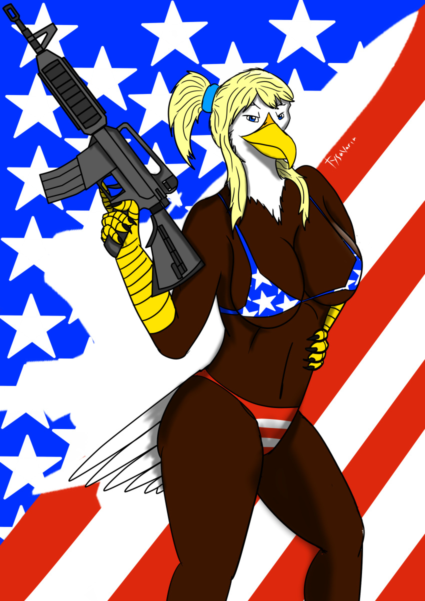 2018 4th_of_july absurd_res anthro avian bald_eagle bikini bird breasts clothed clothing digital_media_(artwork) eagle f-15 female fur gun hi_res looking_at_viewer ranged_weapon solo stars_and_stripes swimsuit tysavarin united_states_of_america weapon