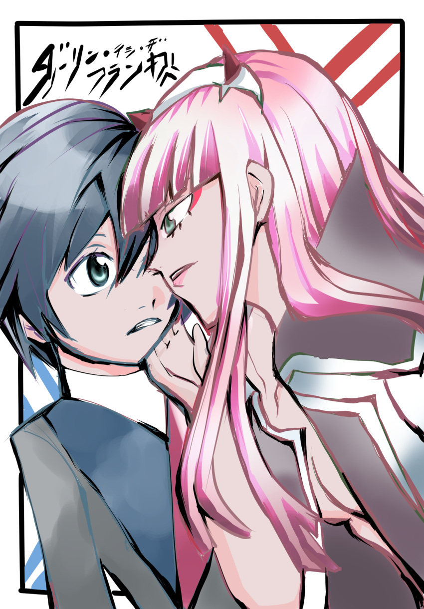 1girl bad_anatomy bangs black_hair blue_eyes breasts coat commentary_request copyright_name couple darling_in_the_franxx english_commentary face-to-face facing_another forehead-to-forehead green_eyes hair_ornament hairband hand_on_another's_face hetero highres hiro_(darling_in_the_franxx) horns jacket_on_shoulders long_coat long_hair long_sleeves looking_at_another medium_breasts military military_uniform necktie oni_horns open_clothes open_coat partial_commentary pink_hair red_horns red_neckwear translated uniform user_vjpw4772 white_hairband zero_two_(darling_in_the_franxx)