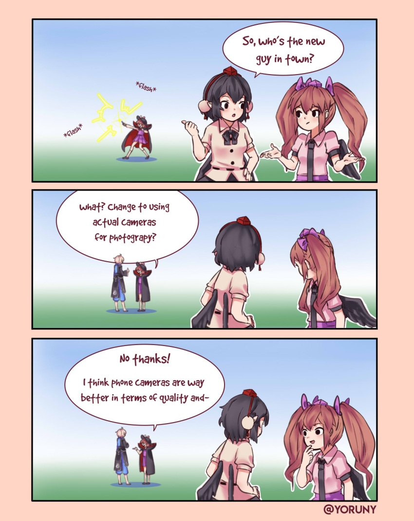 3girls 3koma :d :o artist_name black_bow black_cape black_eyes black_hair black_hat black_neckwear black_skirt black_wings blue_background blue_pants bow bowtie breasts brown_hair cape comic commentary english english_commentary eye_contact eyebrows_visible_through_hair fedora finger_to_mouth from_behind glasses gradient gradient_background green_background hair_between_eyes hair_bow hand_on_hip hand_up hat highres himekaidou_hatate index_finger_raised japanese_clothes kimono kneehighs long_hair long_sleeves looking_at_another medium_breasts morichika_rinnosuke multiple_girls necktie open_mouth pants pleated_skirt pointy_ears pom_pom_(clothes) puffy_short_sleeves puffy_sleeves purple_bow purple_skirt purple_vest shadow shameimaru_aya shirt short_hair short_sleeves shrug silver_hair skirt smile speech_bubble standing taking_picture tassel tokin_hat touhou twintails twitter_username upper_body usami_sumireko vest violet_detector white_legwear white_shirt wide_sleeves wings yoruny