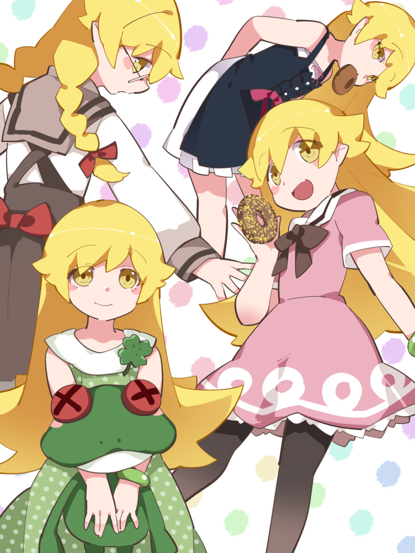 :d :o black_legwear black_neckwear blonde_hair blush_stickers bow bowtie braid closed_mouth doughnut dress eyebrows_visible_through_hair fang food glasses hair_bow hair_flaps hammer_(sunset_beach) highres long_hair looking_at_viewer monogatari_(series) mouth_hold multiple_views open_mouth oshino_shinobu pantyhose pink_dress red_bow sailor_collar short_sleeves smile standing stuffed_animal stuffed_frog stuffed_toy twin_braids v_arms wristband