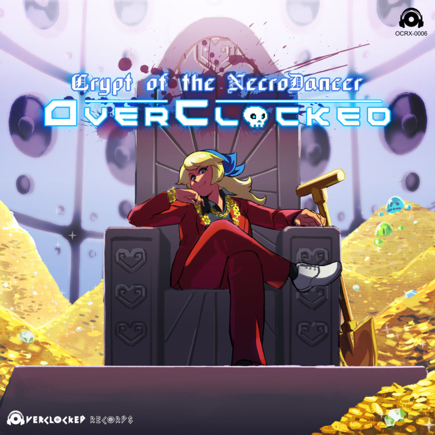 album_cover alternate_costume bandana black_shirt blonde_hair blue_eyes bracelet cadence_(necrodancer) chain chin_rest cover crossed_legs crypt_of_the_necrodancer formal gold_chain grin highres jewelry long_hair maya_petersen red_suit shirt shovel sitting smile solo suit throne treasure white_footwear