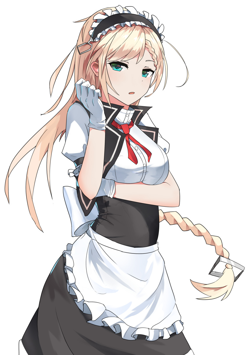 absurdres adjusting_clothes adjusting_gloves apron bangs blonde_hair blue_eyes blush braid breasts commentary cropped_vest dress eyebrows_visible_through_hair g36_(girls_frontline) girls_frontline gloves hair_between_eyes highres long_hair looking_at_viewer maid maid_apron maid_headdress medium_breasts open_clothes open_mouth open_vest qinglan_tingfeng red_neckwear sidelocks simple_background smile solo very_long_hair vest white_background white_gloves