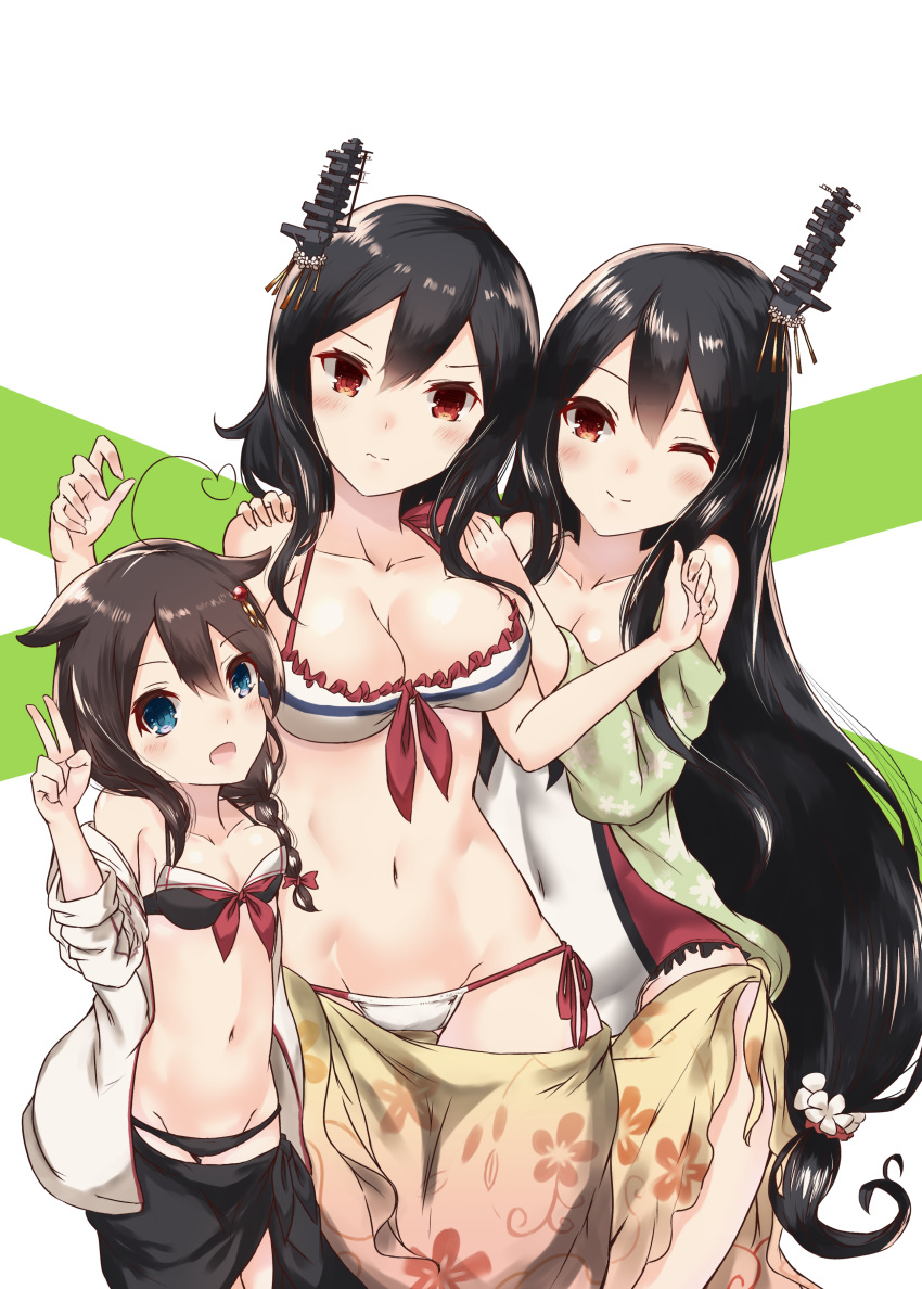 3girls ;) absurdres ahoge bare_shoulders beige_sarong bikini black_bikini black_hair black_sarong blue_eyes braid breasts casual_one-piece_swimsuit cleavage collarbone covered_navel floral_print fusou_(kantai_collection) girl_sandwich groin hair_between_eyes hair_flaps hair_ornament hair_over_shoulder highres jacket kantai_collection large_breasts light_blush long_hair looking_at_viewer momiji_(103) multicolored multicolored_clothes multicolored_swimsuit multiple_girls navel one-piece_swimsuit one_eye_closed open_clothes open_jacket open_mouth red_eyes remodel_(kantai_collection) sandwiched sarong shigure_(kantai_collection) short_hair single_braid smile swimsuit two-tone_background white_background white_jacket yamashiro_(kantai_collection)