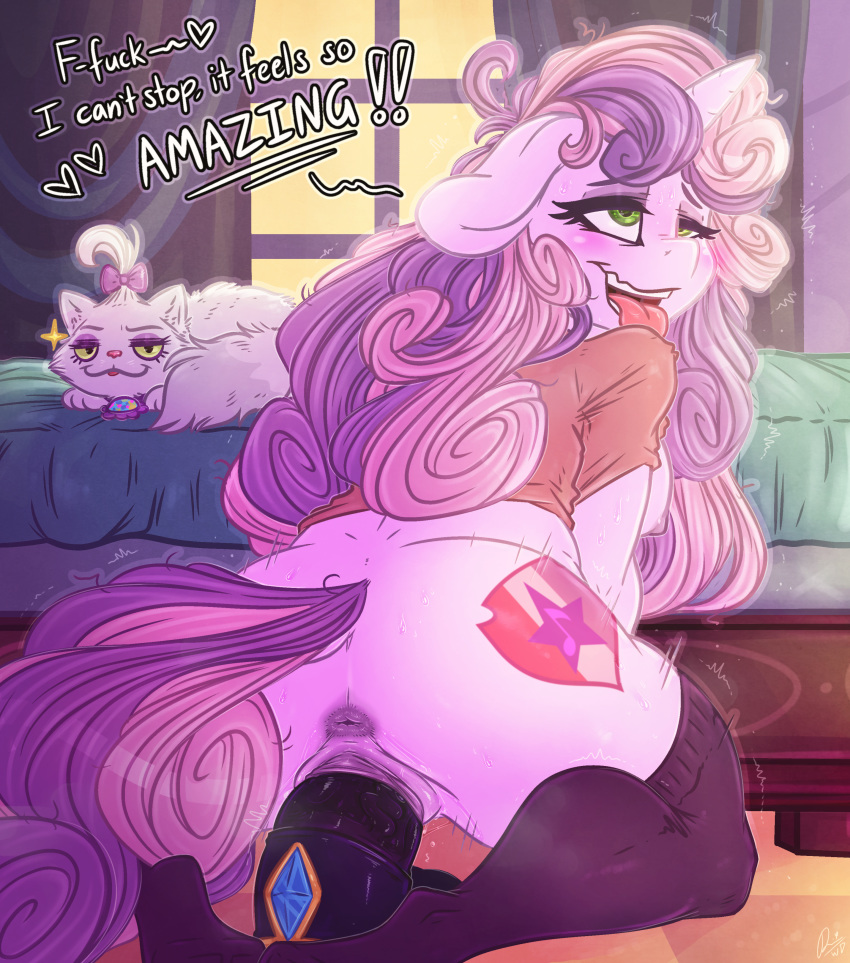 2018 absurd_res aged_up anthro anus bed breasts butt cat clothing cutie_mark dialogue digital_media_(artwork) dildo dildo_sitting dimwitdog duo english_text equine feline female friendship_is_magic fur green_eyes hair hi_res horn inside legwear long_hair looking_pleasured mammal motion_lines multicolored_hair my_little_pony nipples opalescence_(mlp) penetration pussy sex_toy signature sweetie_belle_(mlp) text tongue tongue_out two_tone_hair unicorn vaginal vaginal_penetration white_fur