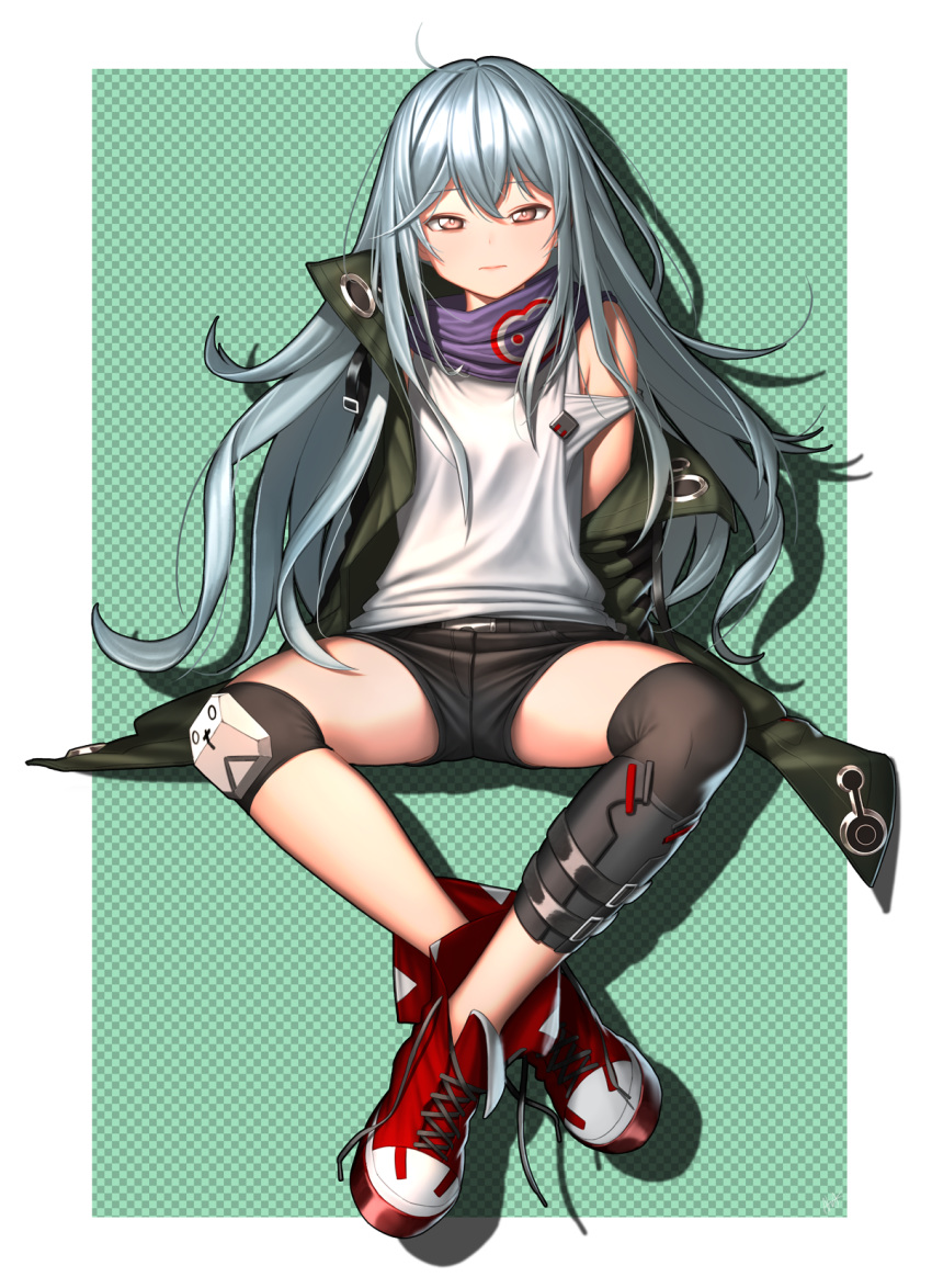 ahd ahoge bangs bare_shoulders black_shorts boots brown_eyes checkered checkered_background closed_mouth commentary_request eyebrows_visible_through_hair g11_(girls_frontline) girls_frontline green_jacket hair_between_eyes head_tilt highres jacket long_hair long_sleeves looking_at_viewer off_shoulder open_clothes open_jacket red_footwear shirt short_shorts shorts silver_hair sitting sleeveless sleeveless_shirt sleeves_past_fingers sleeves_past_wrists solo very_long_hair white_shirt