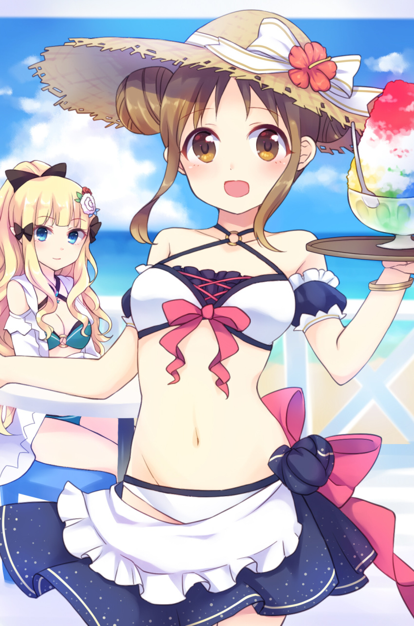 :d amano_suzume apron bangs bare_shoulders bikini black_bow blue_eyes blue_skirt blue_sky blurry blurry_background blush bow breasts brown_eyes brown_hair chair character_request cleavage closed_mouth cloud cloudy_sky collarbone commentary day depth_of_field detached_sleeves double_bun eyebrows_visible_through_hair fence frilled_apron frills green_bikini gucchiann hair_bow highres holding holding_tray horizon jacket long_hair looking_at_viewer multiple_girls navel o-ring o-ring_bikini o-ring_top ocean open_mouth outdoors pleated_skirt princess_connect! puffy_short_sleeves puffy_sleeves red_bow shaved_ice short_sleeves side_bun sidelocks skirt sky small_breasts smile swimsuit table tied_skirt tray very_long_hair waist_apron water white_apron white_bikini white_jacket