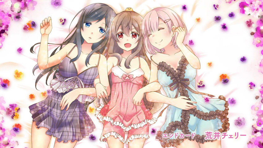 :d arai_cherry artist_name bangs bare_shoulders black_hair blue_eyes blush breasts brown_hair chick_on_head closed_eyes closed_mouth collarbone end_card eyebrows_visible_through_hair fang flower frills hair_between_eyes hair_ornament hairclip highres jpeg_artifacts kazami_yuri lingerie locked_arms long_hair looking_at_viewer lying medium_breasts multiple_girls negligee on_back open_mouth parted_lips pink_hair red_eyes smile sunoharasou_no_kanrinin-san swept_bangs translation_request underwear underwear_only unmoving_pattern very_long_hair yamanashi_sumire yukimoto_yuzu
