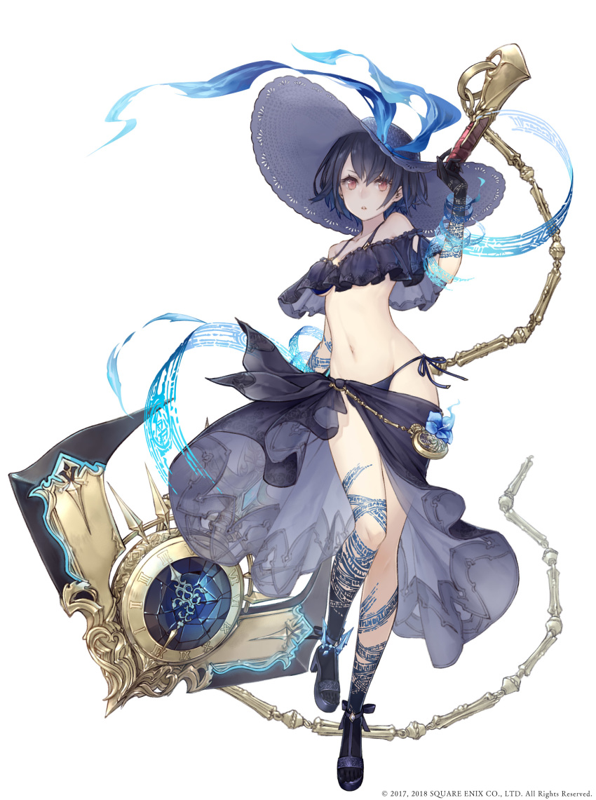 absurdres alice_(sinoalice) anchor anklet bikini blue_hair chain clock flower full_body hat highres huge_weapon jewelry ji_no looking_at_viewer navel official_art parted_lips pocket_watch red_eyes ribbon sandals short_hair side-tie_bikini sinoalice solo standing standing_on_one_leg sun_hat swimsuit tattoo watch weapon white_background