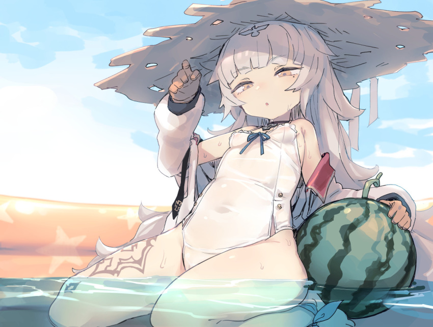 ankle_ribbon azur_lane barefoot bee_(deadflow) blue_ribbon blush breasts brown_eyes brown_gloves covered_navel day eyebrows_visible_through_hair food fruit gloves grey_hair hat head_tilt jacket leg_tattoo long_hair long_sleeves looking_at_viewer mole mole_under_eye off_shoulder one-piece_swimsuit open_clothes open_jacket outdoors parted_lips ribbon small_breasts solo straw_hat swimsuit tattoo very_long_hair wading_pool water watermelon white_swimsuit z46_(azur_lane)