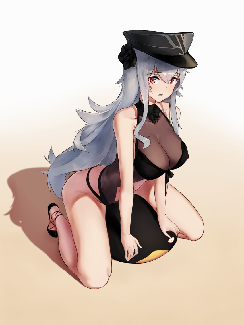 azur_lane bangs bare_shoulders black_flower black_footwear black_hat black_ribbon black_rose black_swimsuit breasts casual_one-piece_swimsuit cleavage collarbone commentary_request eyebrows_visible_through_hair flower from_above gradient gradient_background graf_zeppelin_(azur_lane) groin hair_between_eyes hair_flower hair_ornament halterneck hat highres lace lace-trimmed_swimsuit large_breasts legs_apart long_hair looking_at_viewer navel navel_cutout one-piece_swimsuit open_mouth parted_lips peaked_cap red_eyes ribbon rose see-through shadow shoes sidelocks silver_hair sitting sitting_on_object solo stomach straight_hair swimsuit taut_clothes turtleneck very_long_hair yashemao_qishi