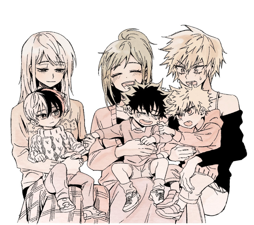 3girls bad_id bad_twitter_id bakugou_katsuki bakugou_mitsuki blush boku_no_hero_academia cardigan cheek_pinching child closed_eyes crying fang freckles highres holding_hands hood hoodie long_hair midoriya_inko midoriya_izuku mongsik monochrome mother_and_son multiple_boys multiple_girls open_mouth pinching short_hair skirt smile sweatdrop sweater tears todoroki_rei todoroki_shouto younger