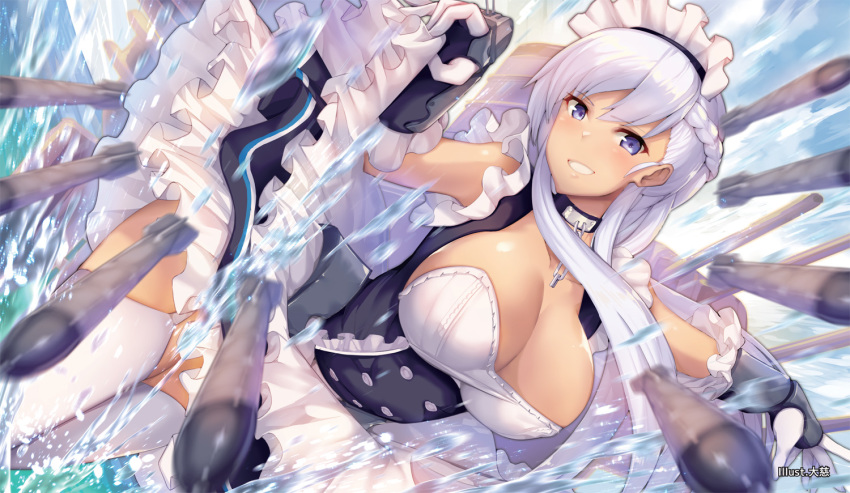 apron artist_name azur_lane bangs belfast_(azur_lane) blue_eyes blue_sky blurry_foreground blush braid breasts cannon chain cleavage collar collarbone commentary_request corset day dress dress_lift eyebrows_visible_through_hair french_braid frilled_gloves frills garter_straps gloves large_breasts lifted_by_self long_hair looking_at_viewer machinery maid maid_headdress ocean outdoors parted_lips rigging satou_daiji sidelocks silver_hair skindentation sky smile solo splashing thighhighs thighs torpedo turret white_gloves white_legwear