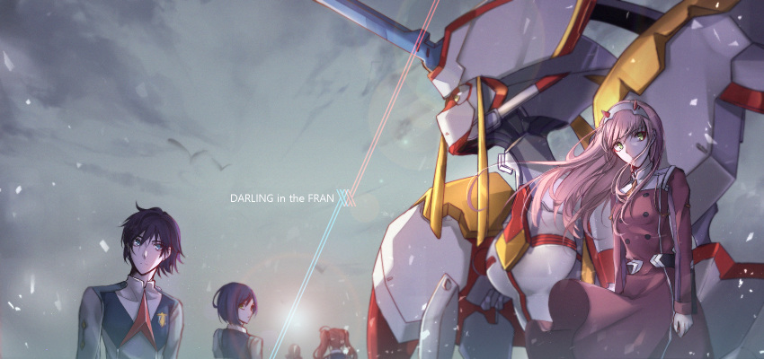 4girls bad_id bad_pixiv_id bangs black_hair blue_eyes blue_hair breasts commentary_request couple darling_in_the_franxx eyebrows_visible_through_hair floating_hair green_eyes hair_ornament hairband hetero highres hiro_(darling_in_the_franxx) horns ichigo_(darling_in_the_franxx) kokoro_(darling_in_the_franxx) long_hair long_sleeves looking_at_another looking_at_viewer mecha medium_breasts meiya_(dia_douya) miku_(darling_in_the_franxx) military military_uniform multiple_girls necktie oni_horns orange_neckwear pink_hair red_hair red_horns red_neckwear short_hair strelizia twintails uniform white_hairband zero_two_(darling_in_the_franxx)