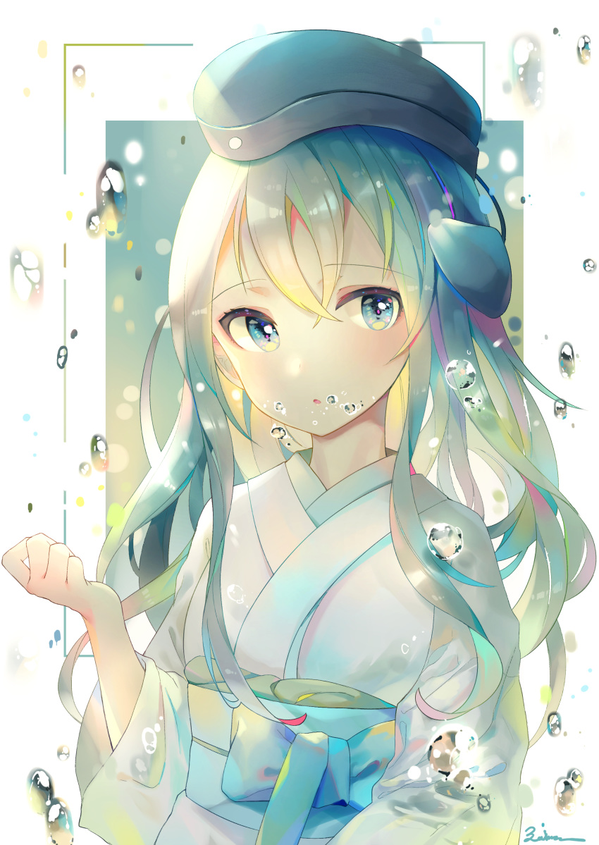 absurdres bangs bubble eyebrows_visible_through_hair garrison_cap hair_between_eyes hand_up hat highres japanese_clothes kantai_collection kimono long_hair looking_at_viewer mao_ge open_mouth ribbon solo u-511_(kantai_collection) water water_drop white_hair