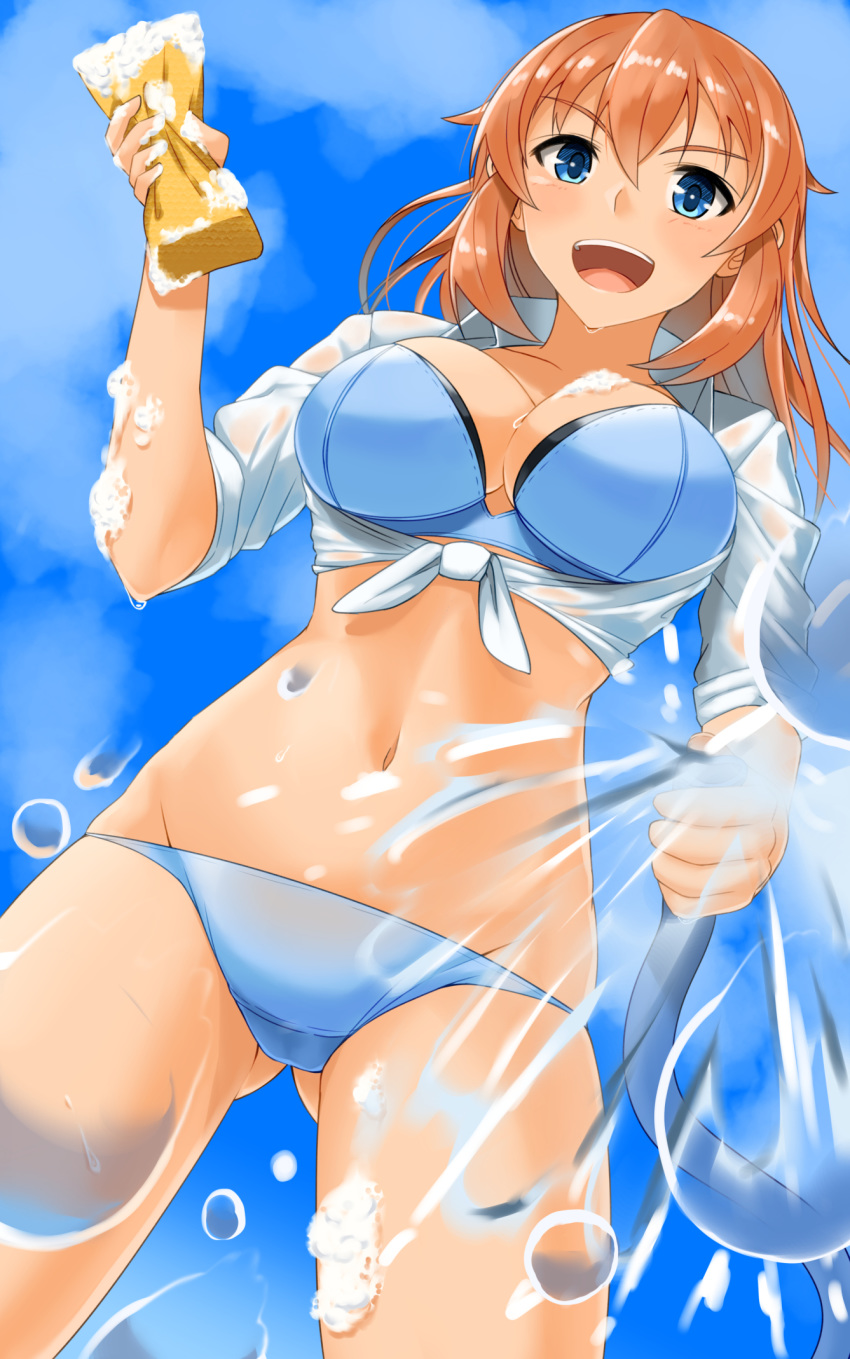 air_bubble blue_eyes blush bra breasts brown_hair bubble charlotte_e_yeager day groin highres hiroshi_(hunter-of-kct) large_breasts navel open_mouth panties sky smile soap_bubbles solo strike_witches underwear white_bra white_panties world_witches_series