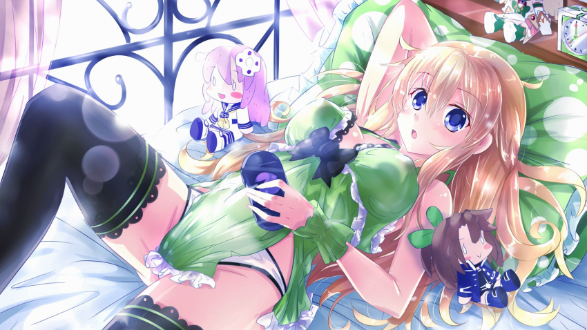 bed black_legwear blonde_hair blue_eyes blush breasts character_doll cleavage commentary_request eyebrows_visible_through_hair handheld_game_console highres if_(choujigen_game_neptune) kazuneko_(wktk1024) large_breasts lingerie long_hair looking_at_viewer lying negligee nepgear neptune_(series) on_back panties smile solo thighhighs underwear vert very_long_hair white_panties