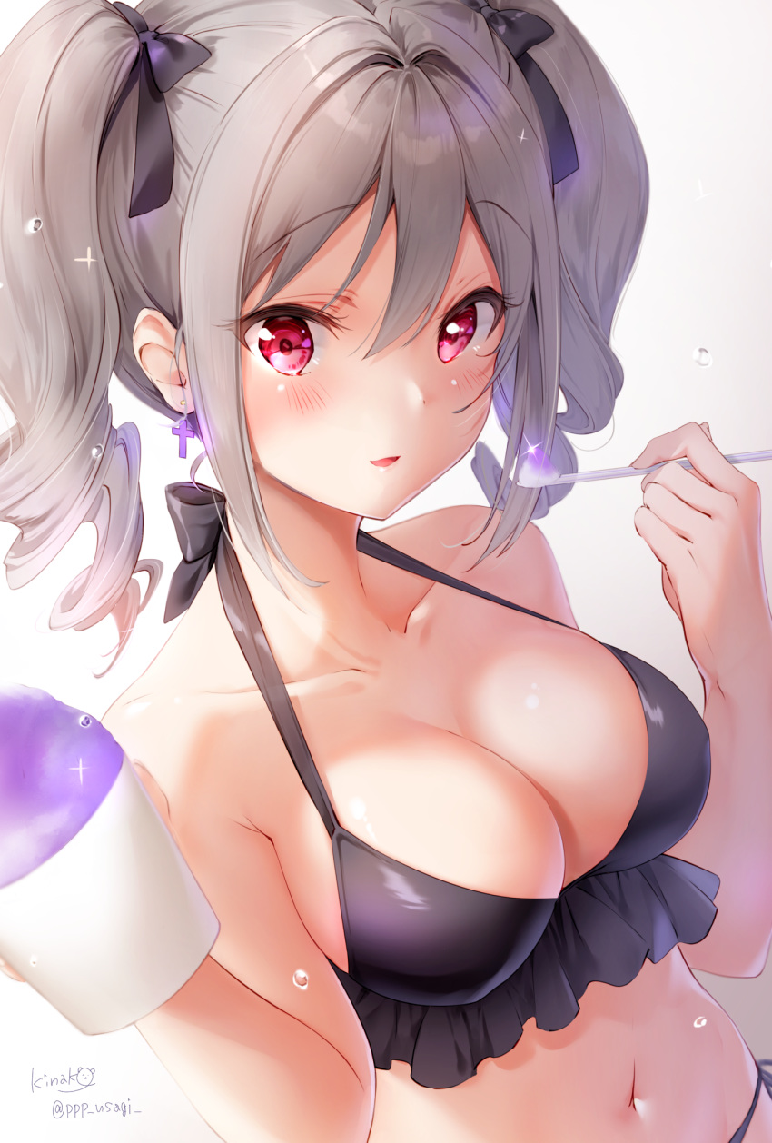 bangs bare_arms bare_shoulders bikini black_bikini black_bow black_ribbon blush bow breasts cleavage collarbone commentary cross cross_earrings drill_hair earrings eyebrows_visible_through_hair gradient gradient_background grey_background grey_hair hair_between_eyes hair_bow hand_up highres idolmaster idolmaster_cinderella_girls jewelry kanzaki_ranko large_breasts long_hair looking_at_viewer navel parted_lips red_eyes ribbon shaved_ice shiratama_akane side-tie_bikini sidelocks signature silver_hair smile solo swimsuit twin_drills twintails twitter_username water_drop white_background