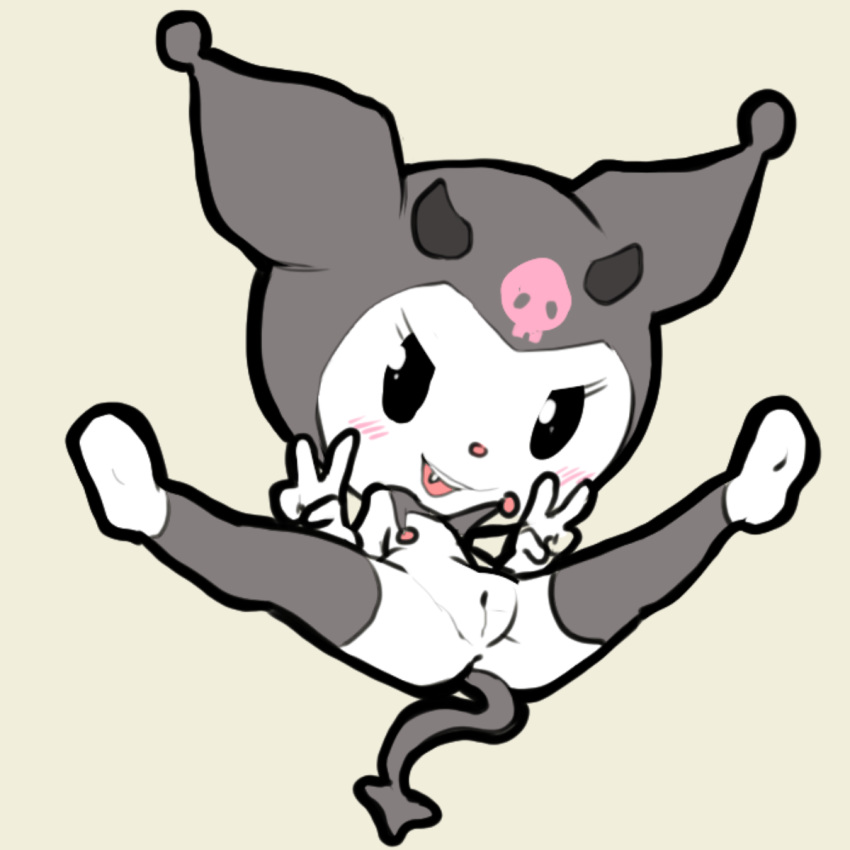 2018 anthro blush devil_tail female fur hi_res horn itsunknownanon kuromi lagomorph looking_at_viewer mammal nude open_mouth please_my_melody pose presenting presenting_pussy pussy rabbit sanrio solo spread_legs spreading v_sign white_fur