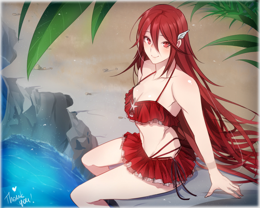 bare_shoulders bikini bikini_skirt blush breasts cleavage commentary fire_emblem fire_emblem:_kakusei fire_emblem_heroes frills hair_ornament highres long_hair looking looking_at_viewer medium_breasts palm_tree red_bikini red_eyes red_hair sitting smile solo swimsuit symbol_commentary thank_you tiamo tree tusia very_long_hair water