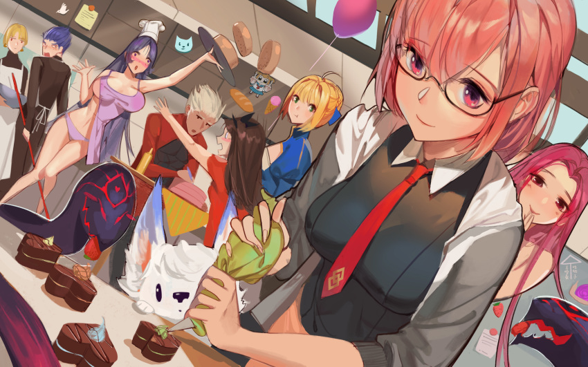 absurdres archer artoria_pendragon_(all) blonde_hair blue_eyes blush braid breasts brown_hair chef_hat chocolate chocolate_heart cleavage damiaodi fate/grand_order fate_(series) fou_(fate/grand_order) french_braid gae_bolg glasses gorgon_(fate) green_eyes hair_between_eyes hat heart highres icing lancer large_breasts long_hair mash_kyrielight minamoto_no_raikou_(fate/grand_order) multiple_boys navel necktie pastry_bag pink_eyes pink_hair purple_hair red_neckwear rider saber short_hair smile toosaka_rin toque_blanche