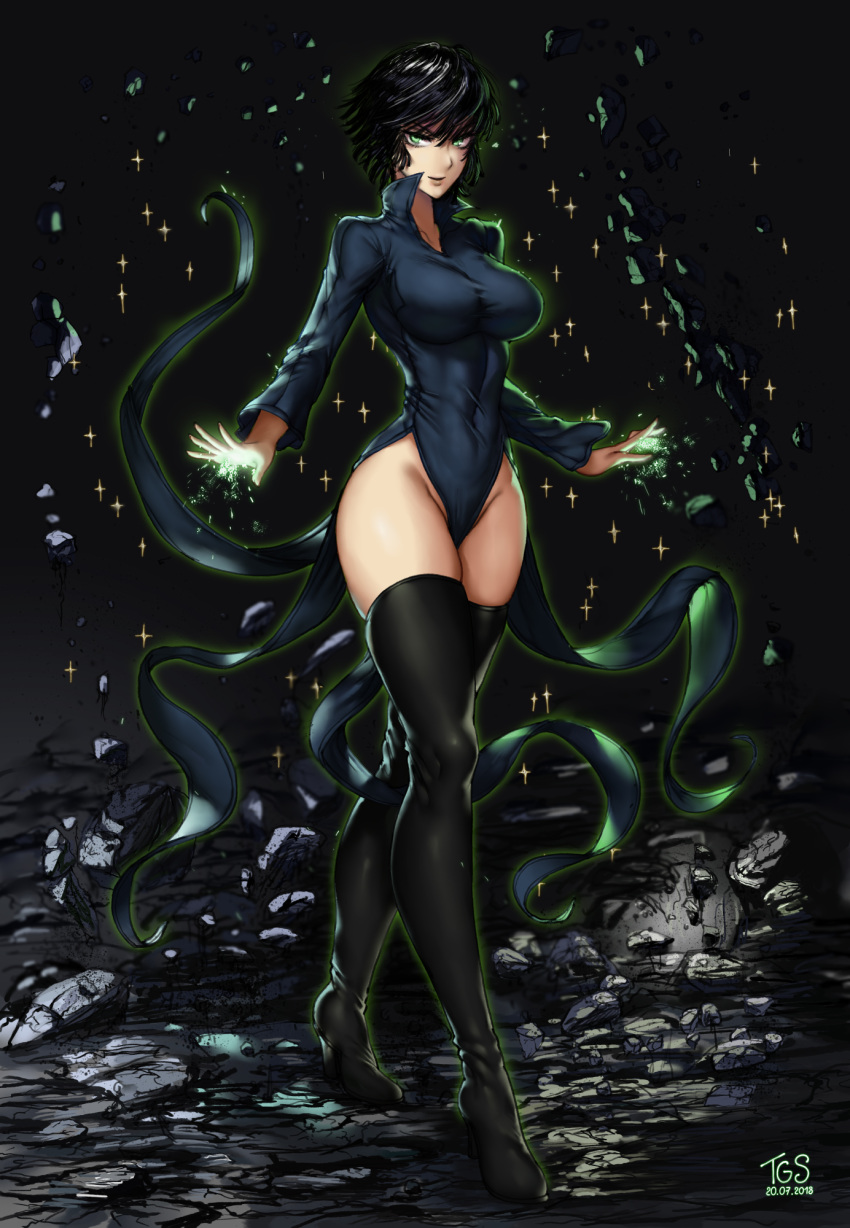 black_background black_dress black_hair black_legwear boots breasts cosplay dress fubuki_(one-punch_man) green_eyes highres hips large_breasts looking_at_viewer one-punch_man short_hair simple_background smile solo tatsumaki tatsumaki_(cosplay) the_golden_smurf thighhighs thighs