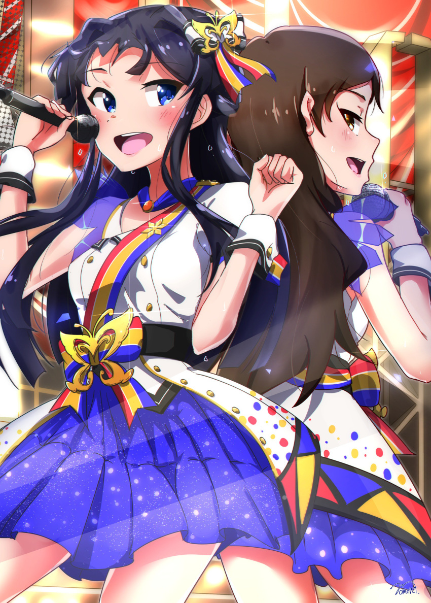 absurdres blue_eyes blue_hair brown_eyes brown_hair highres idolmaster idolmaster_million_live! kitazawa_shiho long_hair microphone mogami_shizuka moment_(moment_607) multiple_girls music nouvelle_tricolor singing skirt stage stage_lights