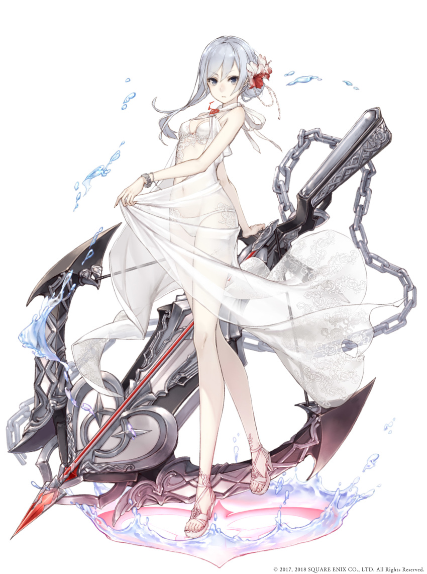 absurdres anchor arrow asymmetrical_bangs bangs bikini bow_(weapon) bracelet breasts chain crossbow eyebrows_visible_through_hair flower full_body grey_eyes hair_flower hair_ornament heart high_heels highres huge_weapon jewelry ji_no long_legs looking_at_viewer official_art sandals see-through sinoalice small_breasts snow_white_(sinoalice) solo standing standing_on_one_leg swimsuit water weapon white_background white_hair