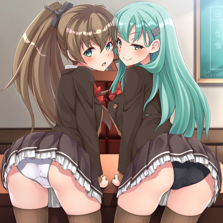 :o aqua_hair ascot ass bangs black_panties blue_eyes blush breasts brown_hair brown_jacket brown_legwear cardigan chalkboard closed_mouth commentary day desk eyebrows_visible_through_hair from_behind green_eyes green_hair hair_ornament hairclip highres indoors jacket kantai_collection kumano_(kantai_collection) large_breasts leaning long_hair looking_at_viewer looking_back mofu_namako multiple_girls open_clothes open_jacket open_mouth panties pleated_skirt ponytail remodel_(kantai_collection) school_uniform sidelocks skindentation skirt smile suzuya_(kantai_collection) take_your_pick thighhighs thighs underwear white_panties