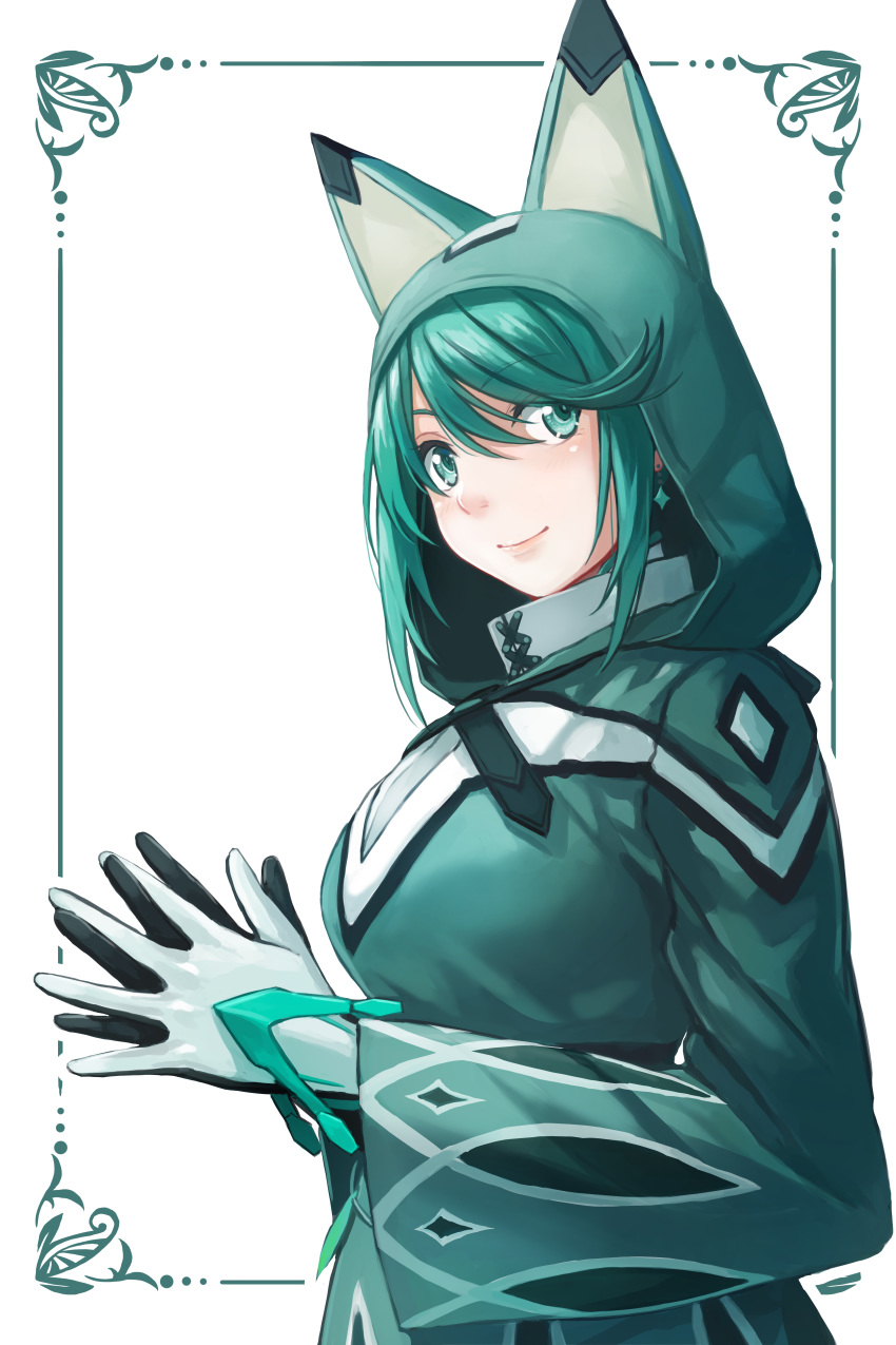 absurdres animal_hood cloak closed_mouth commentary earrings eyebrows_visible_through_hair fingers_together from_side gloves green green_eyes green_hair highres hood hood_up hooded_cloak jewelry long_sleeves looking_at_viewer looking_to_the_side pneuma_(xenoblade_2) redpoke romaji_commentary smile solo spoilers upper_body white_background white_gloves xenoblade_(series) xenoblade_2