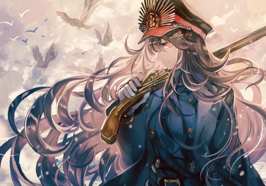 belt bird black_coat brown_hair closed_mouth cloud cloudy_sky coat commentary_request fate_(series) gloves gun hat holding holding_weapon koha-ace long_hair looking_at_viewer musket oda_nobunaga_(fate) over_shoulder peaked_cap red_eyes rioka_(southern_blue_sky) sky solo upper_body very_long_hair weapon weapon_over_shoulder white_gloves