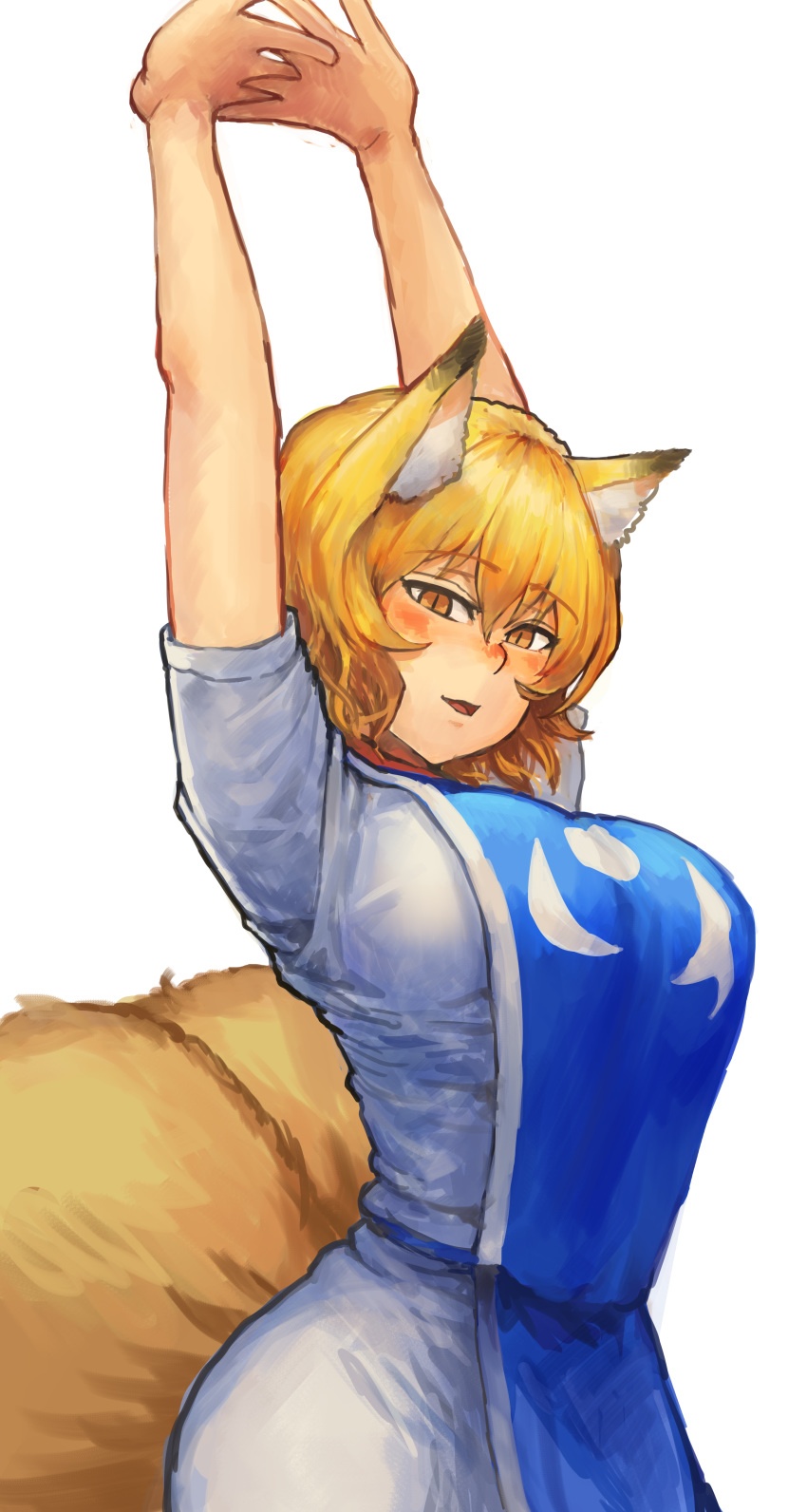 absurdres adapted_costume alternate_eye_color animal_ear_fluff animal_ears arms_up blonde_hair blush breasts brown_eyes chanta_(ayatakaoisii) cowboy_shot dress eyebrows_visible_through_hair fox_ears fox_tail from_side highres huge_filesize large_breasts looking_at_viewer looking_to_the_side multiple_tails no_hat no_headwear nose_blush open_mouth shiny shiny_hair short_dress short_sleeves simple_background smile stretch tabard tail touhou white_background yakumo_ran