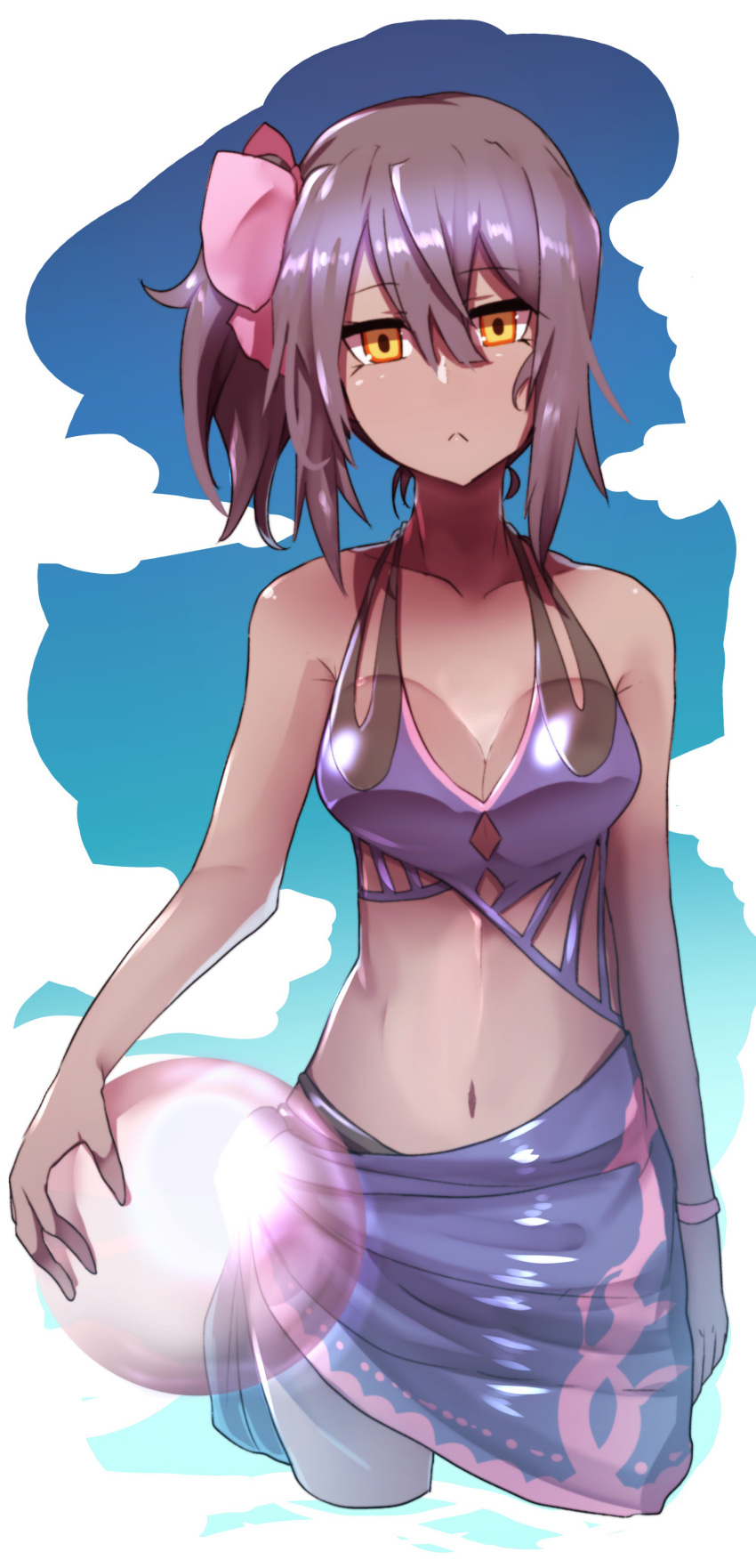 :&lt; absurdres arm_at_side ball bangs bare_arms bare_shoulders beachball blue_sky bow breasts brown_hair cleavage closed_mouth cloud collarbone commentary dark_skin day eyebrows_visible_through_hair hair_between_eyes hair_bow halter_top halterneck head_tilt highres long_hair looking_at_viewer medium_breasts navel one_side_up orange_eyes original pink_bow purple_bikini_top purple_sarong sarong sky solo transparent wada_kazu wading water